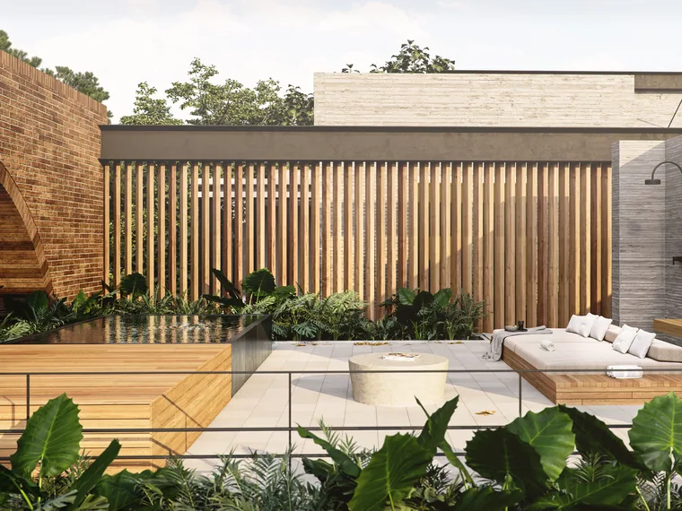 Timber-screened courtyard with outdoor daybed and pool