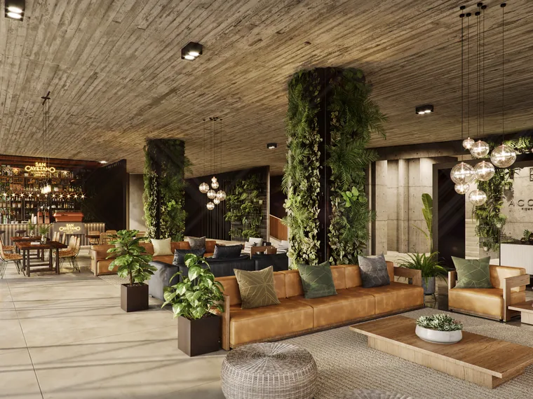 Hospitality lounge with leather seating and vertical planting