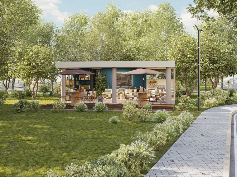 Park pavilion with shaded seating and planting