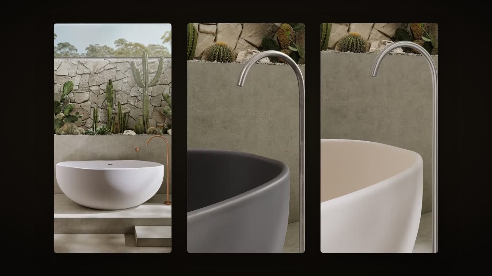 bath in white with copper tapware, alongside charcoal and sand variants