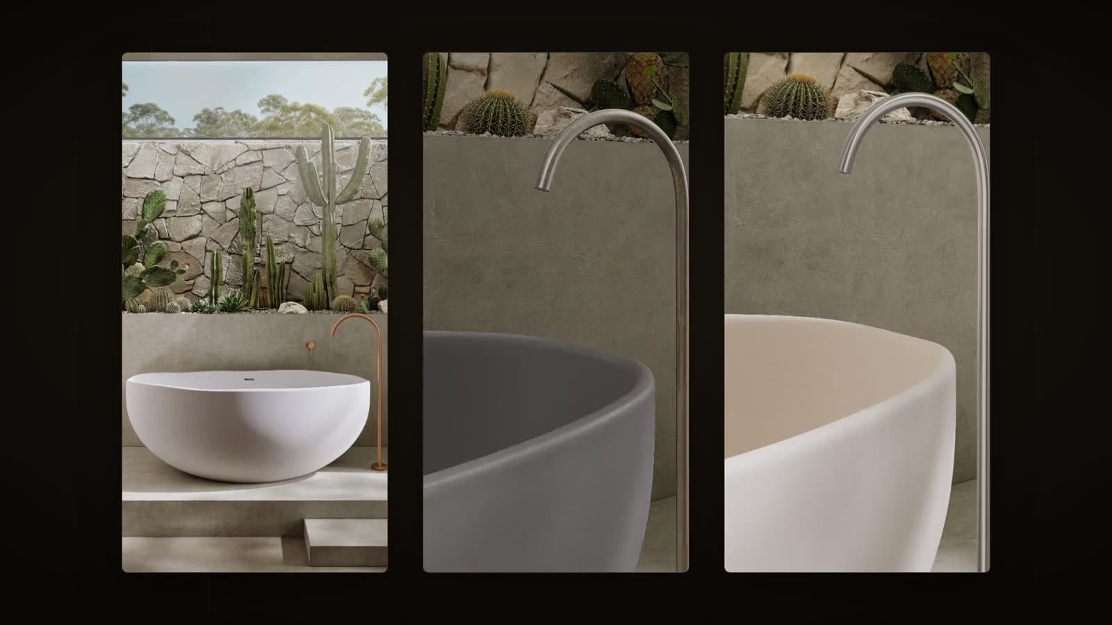bath variants in grey and neutral tones with stainless tapware