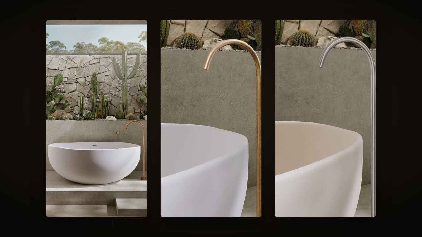 bath variants with copper and aged brass tapware