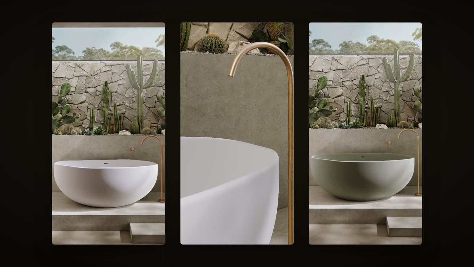 bath in white and sage green with aged brass tapware