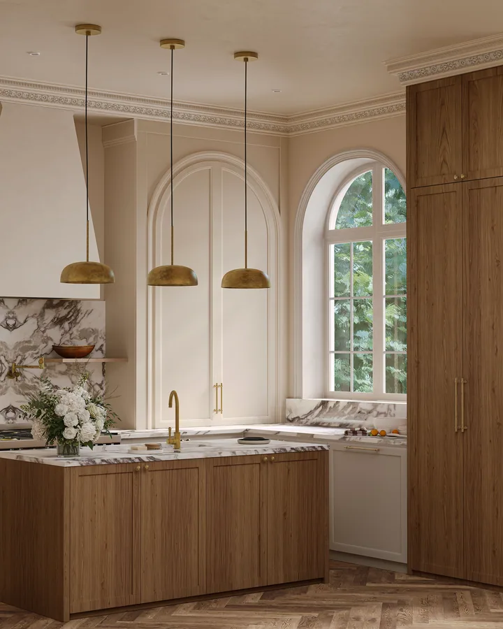 Classic kitchen with arched windows, walnut cabinetry and aged brass tapware