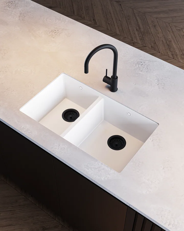 Double kitchen sink with matte black basket wastes and mixer